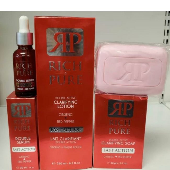 3 pieces Rich Pure Double Action Clarifying Body Lotion 250ml + Serum + SOAP