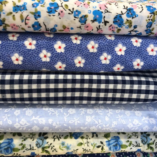 Fabric Fat Quarters Polycotton Blues and Gingham check Florals Flowers Navy Royal FQ Bundle