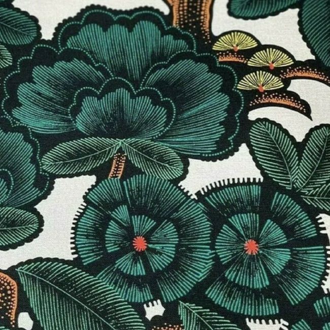 Kew Garden Light Grey Printed Cotton Fabric by Meter Botanica Plants Floral Tree Green Petrol Orange