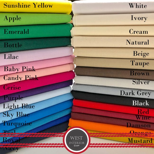 Plain Cotton fabric by the metre. 60" wide, 30 colours. Ideal for crafts, bags, applique, cushions & more